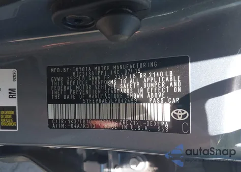 2020 Toyota Corolla Le from USA, damaged, VIN 5YFEPRAE2LP042499